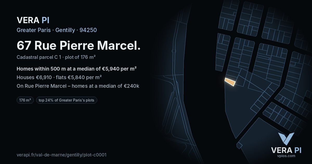 67 Rue Pierre Marcel, Gentilly at night – the plot lit, the parcels around coloured by the prices near them