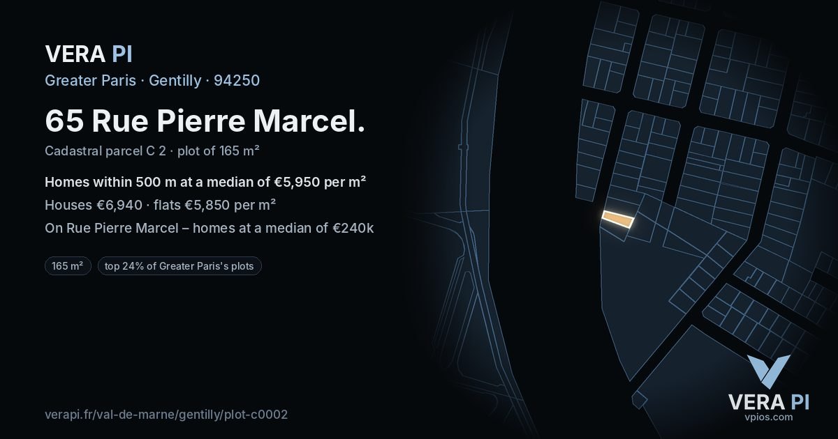 65 Rue Pierre Marcel, Gentilly at night – the plot lit, the parcels around coloured by the prices near them