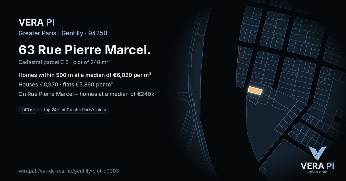 63 Rue Pierre Marcel, Gentilly at night – the plot lit, the parcels around coloured by the prices near them