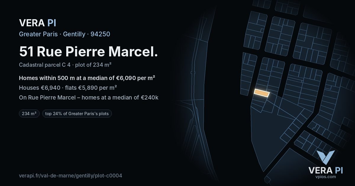 51 Rue Pierre Marcel, Gentilly at night – the plot lit, the parcels around coloured by the prices near them