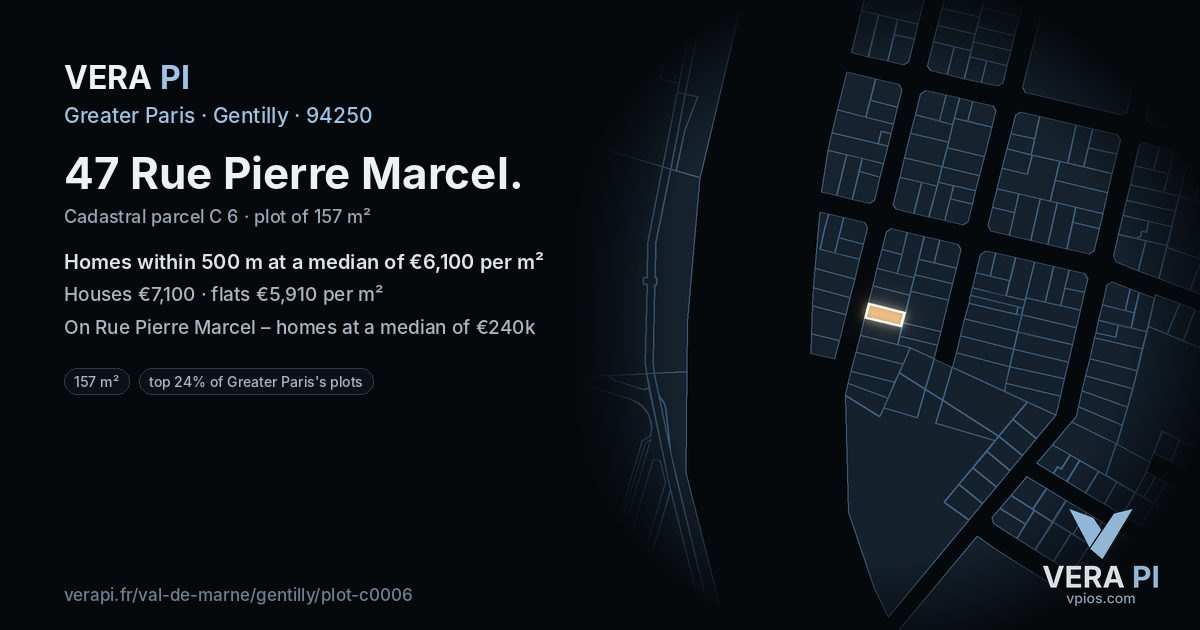 47 Rue Pierre Marcel, Gentilly at night – the plot lit, the parcels around coloured by the prices near them