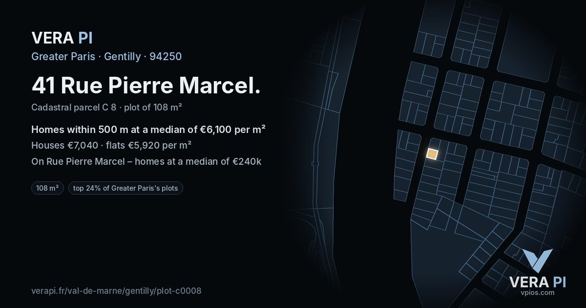 41 Rue Pierre Marcel, Gentilly at night – the plot lit, the parcels around coloured by the prices near them