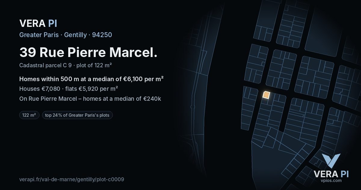 39 Rue Pierre Marcel, Gentilly at night – the plot lit, the parcels around coloured by the prices near them