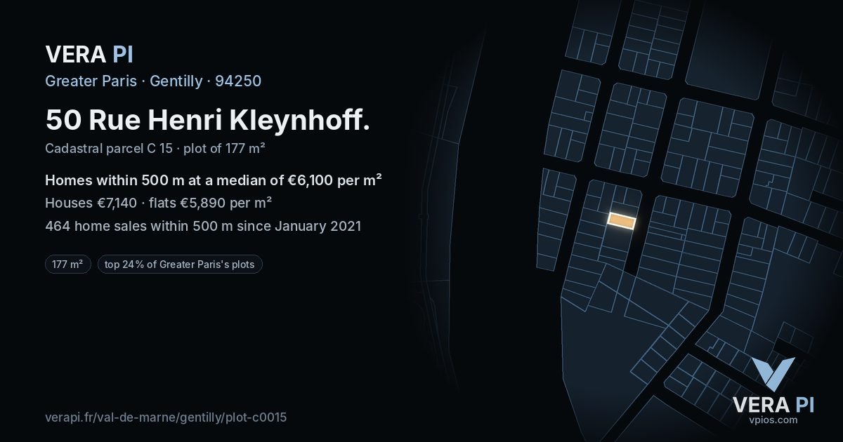 50 Rue Henri Kleynhoff, Gentilly at night – the plot lit, the parcels around coloured by the prices near them