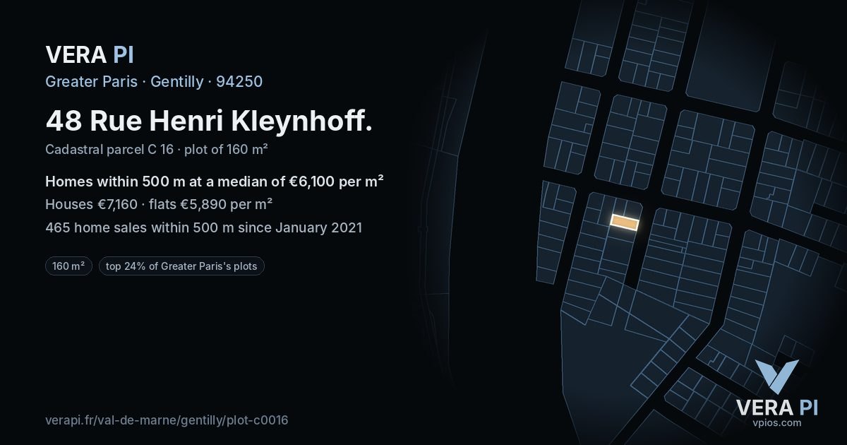 48 Rue Henri Kleynhoff, Gentilly at night – the plot lit, the parcels around coloured by the prices near them