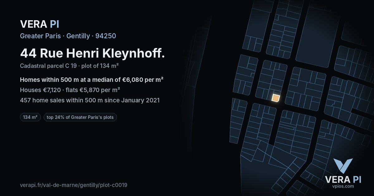 44 Rue Henri Kleynhoff, Gentilly at night – the plot lit, the parcels around coloured by the prices near them