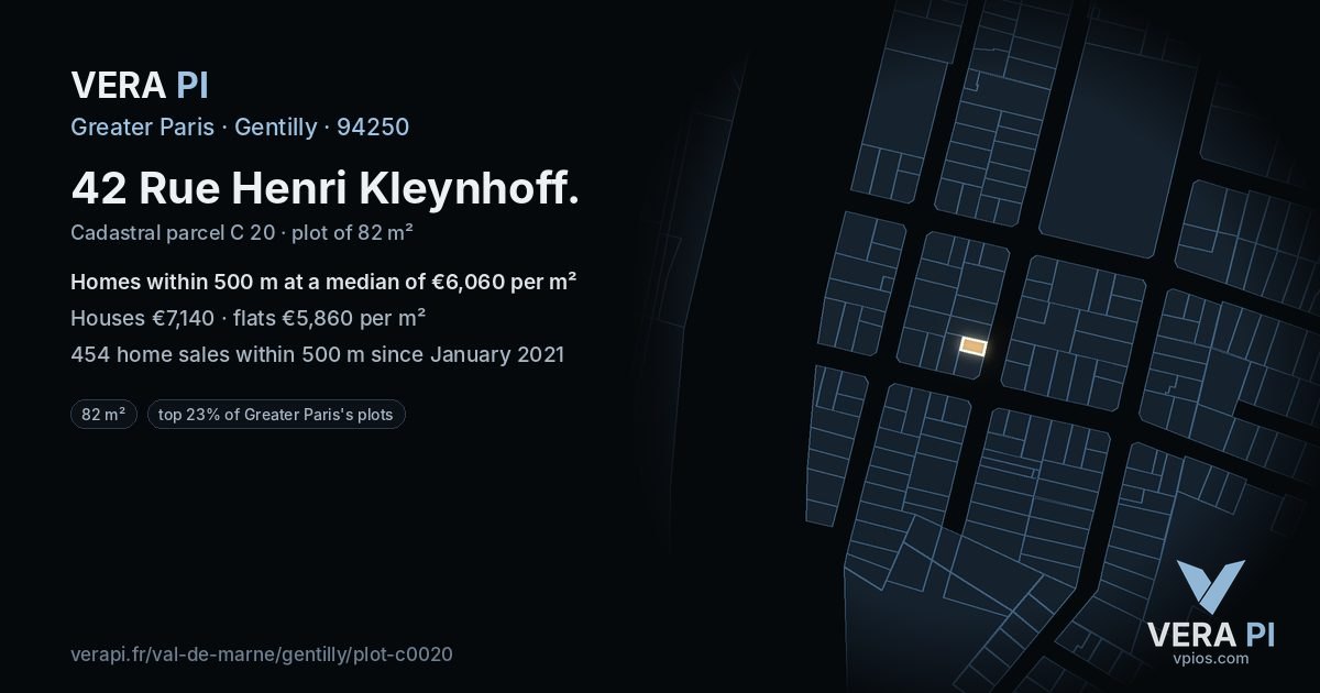 42 Rue Henri Kleynhoff, Gentilly at night – the plot lit, the parcels around coloured by the prices near them