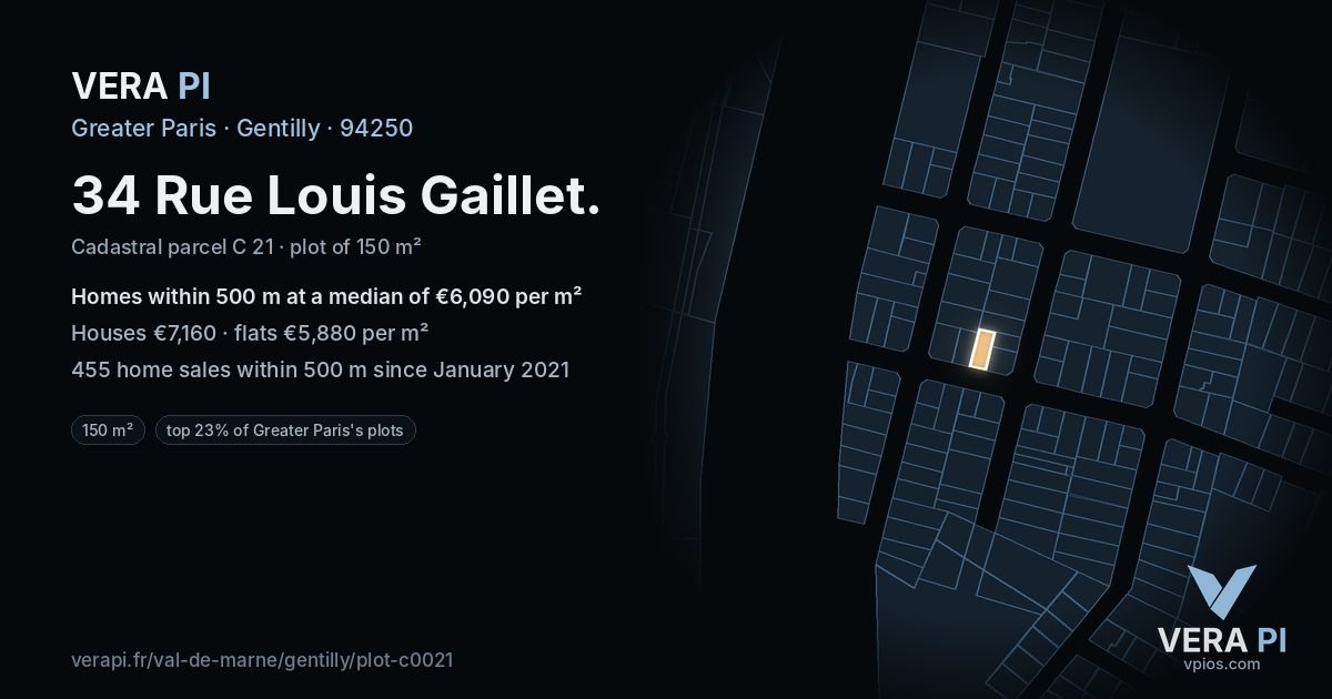 34 Rue Louis Gaillet, Gentilly at night – the plot lit, the parcels around coloured by the prices near them