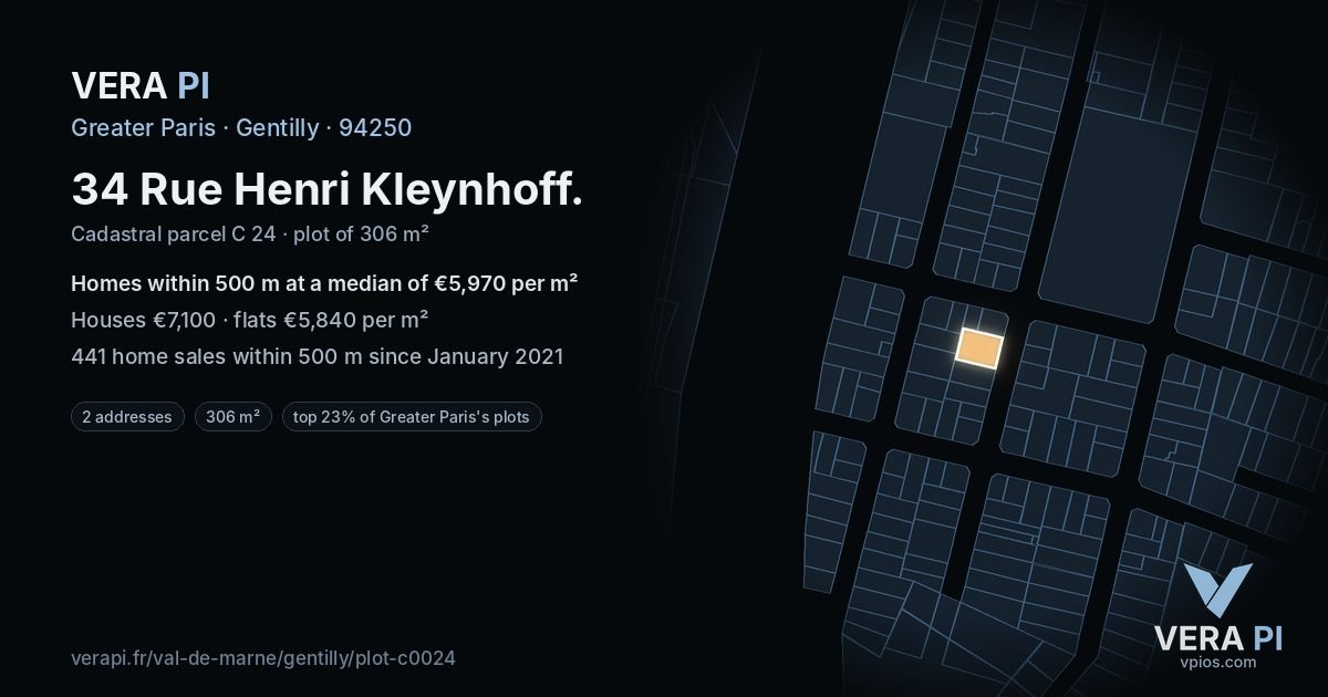 34 Rue Henri Kleynhoff, Gentilly at night – the plot lit, the parcels around coloured by the prices near them