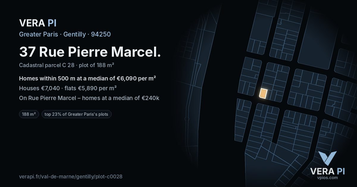 37 Rue Pierre Marcel, Gentilly at night – the plot lit, the parcels around coloured by the prices near them