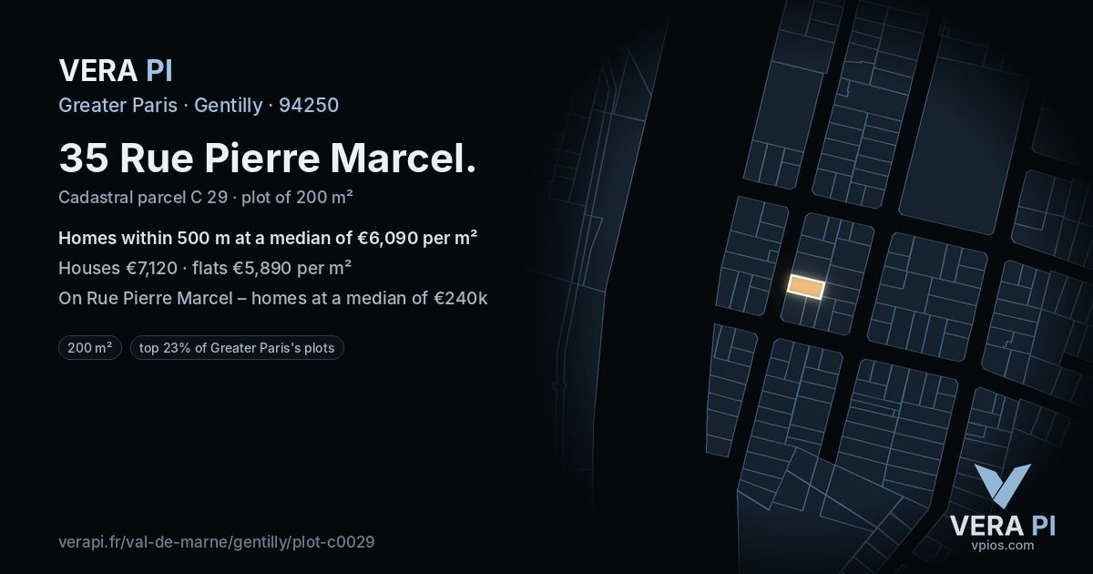 35 Rue Pierre Marcel, Gentilly at night – the plot lit, the parcels around coloured by the prices near them