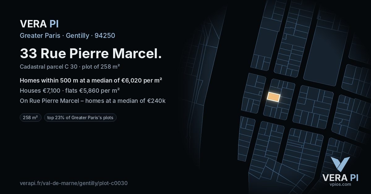 33 Rue Pierre Marcel, Gentilly at night – the plot lit, the parcels around coloured by the prices near them