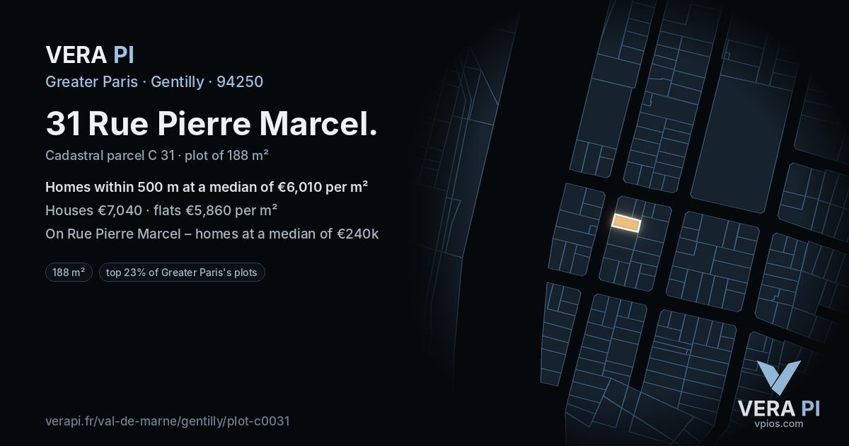 31 Rue Pierre Marcel, Gentilly at night – the plot lit, the parcels around coloured by the prices near them
