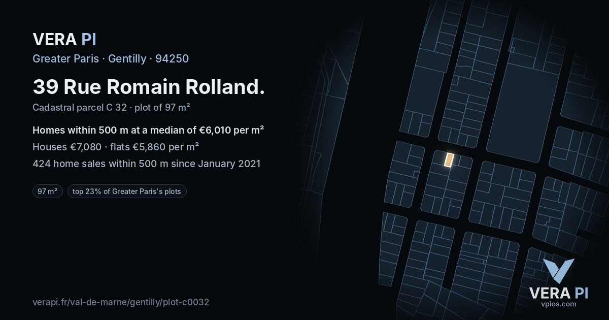 39 Rue Romain Rolland, Gentilly at night – the plot lit, the parcels around coloured by the prices near them
