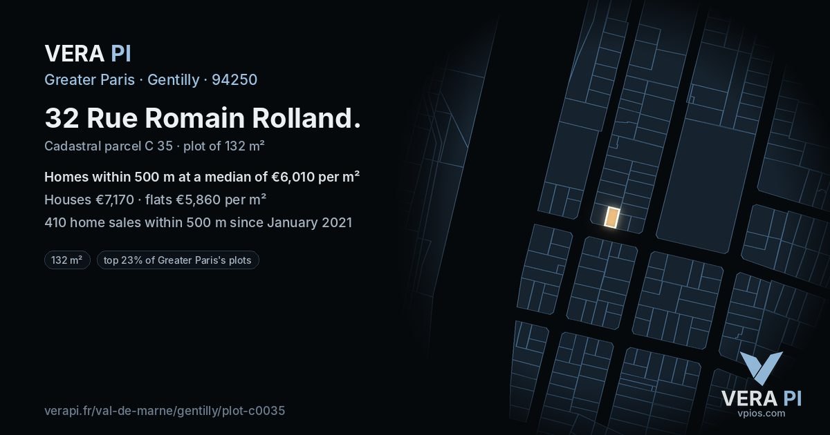 32 Rue Romain Rolland, Gentilly at night – the plot lit, the parcels around coloured by the prices near them