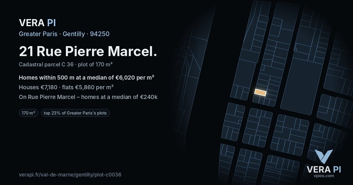 21 Rue Pierre Marcel, Gentilly at night – the plot lit, the parcels around coloured by the prices near them