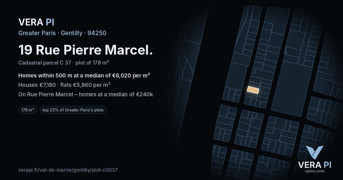 19 Rue Pierre Marcel, Gentilly at night – the plot lit, the parcels around coloured by the prices near them
