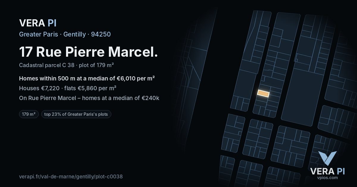 17 Rue Pierre Marcel, Gentilly at night – the plot lit, the parcels around coloured by the prices near them