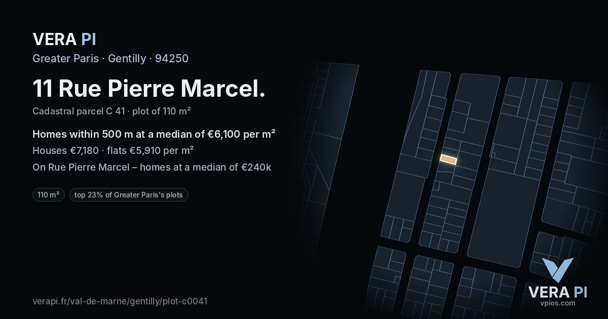 11 Rue Pierre Marcel, Gentilly at night – the plot lit, the parcels around coloured by the prices near them