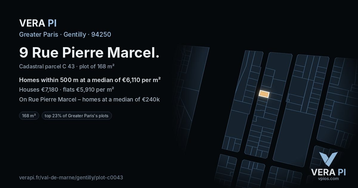 9 Rue Pierre Marcel, Gentilly at night – the plot lit, the parcels around coloured by the prices near them