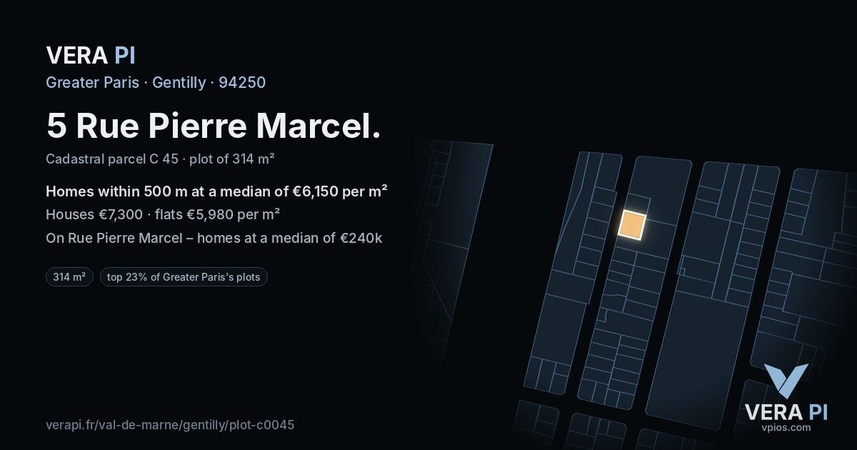 5 Rue Pierre Marcel, Gentilly at night – the plot lit, the parcels around coloured by the prices near them
