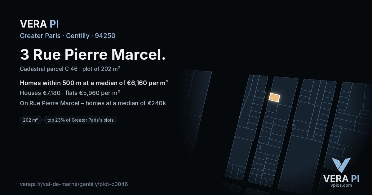 3 Rue Pierre Marcel, Gentilly at night – the plot lit, the parcels around coloured by the prices near them