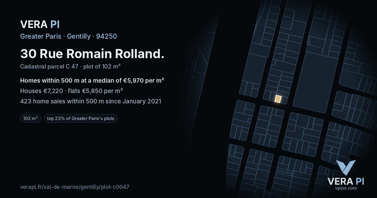 30 Rue Romain Rolland, Gentilly at night – the plot lit, the parcels around coloured by the prices near them