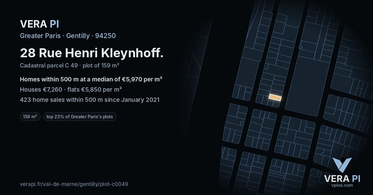 28 Rue Henri Kleynhoff, Gentilly at night – the plot lit, the parcels around coloured by the prices near them
