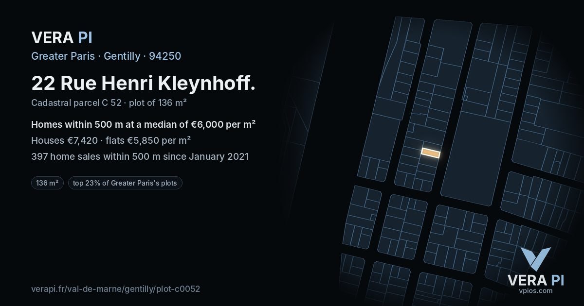 22 Rue Henri Kleynhoff, Gentilly at night – the plot lit, the parcels around coloured by the prices near them