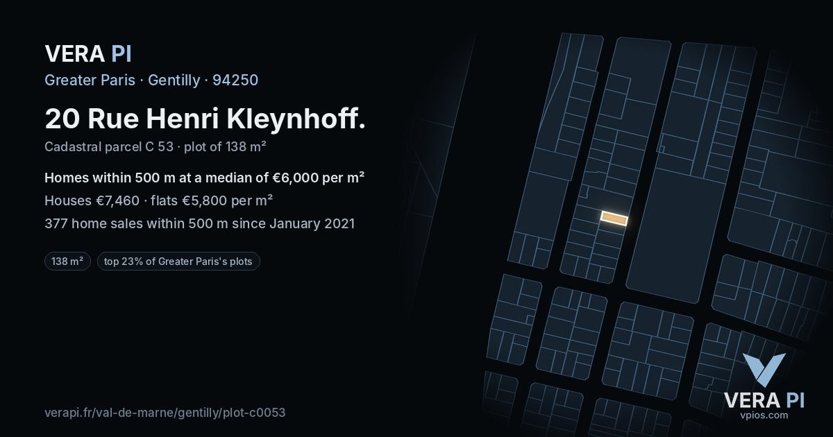 20 Rue Henri Kleynhoff, Gentilly at night – the plot lit, the parcels around coloured by the prices near them
