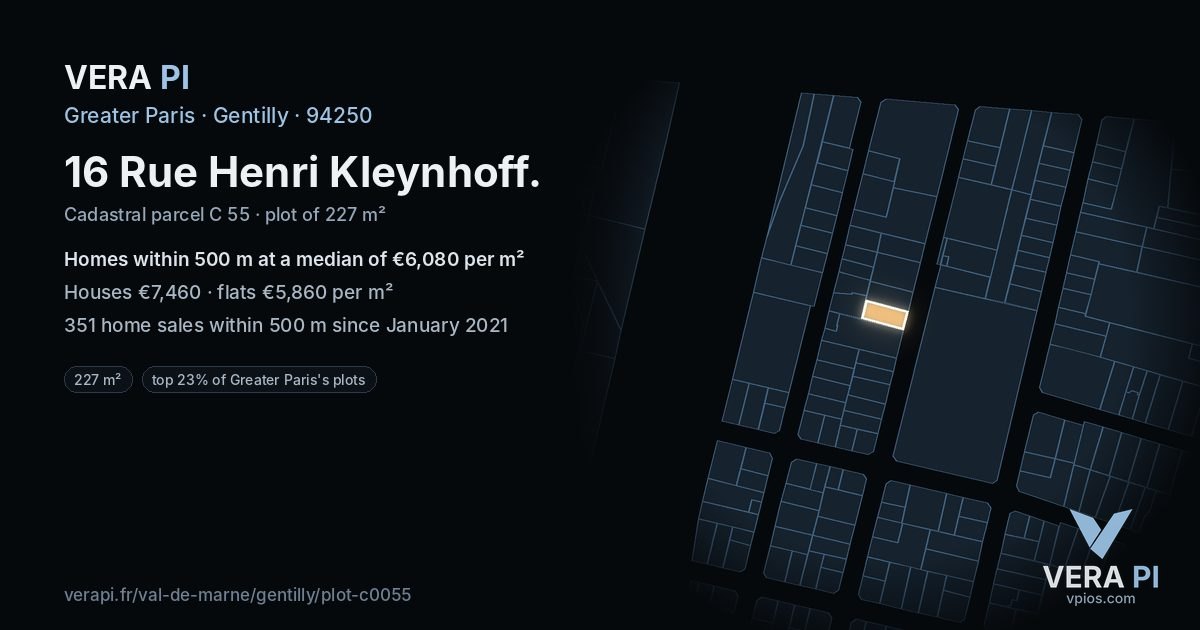 16 Rue Henri Kleynhoff, Gentilly at night – the plot lit, the parcels around coloured by the prices near them