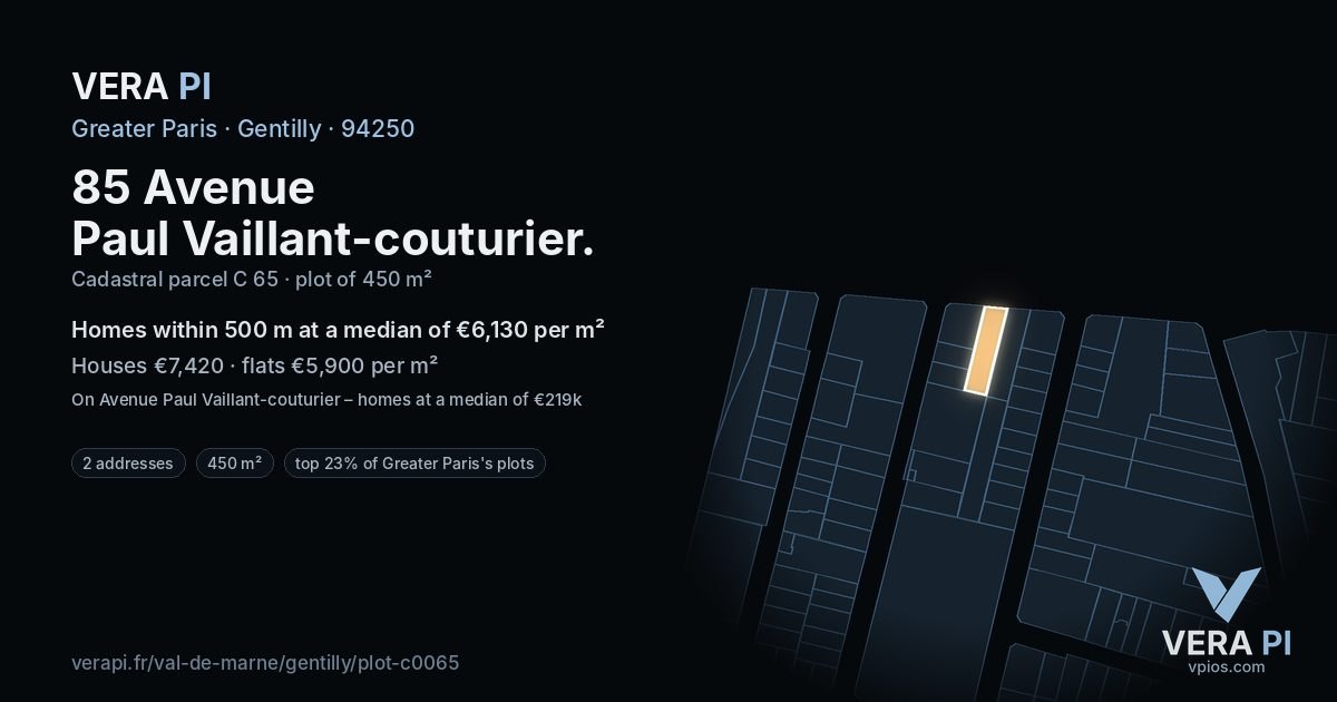 85 Avenue Paul Vaillant-couturier, Gentilly at night – the plot lit, the parcels around coloured by the prices near them