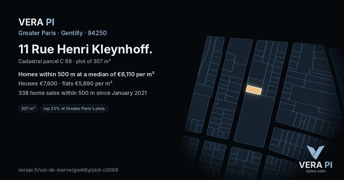 11 Rue Henri Kleynhoff, Gentilly at night – the plot lit, the parcels around coloured by the prices near them