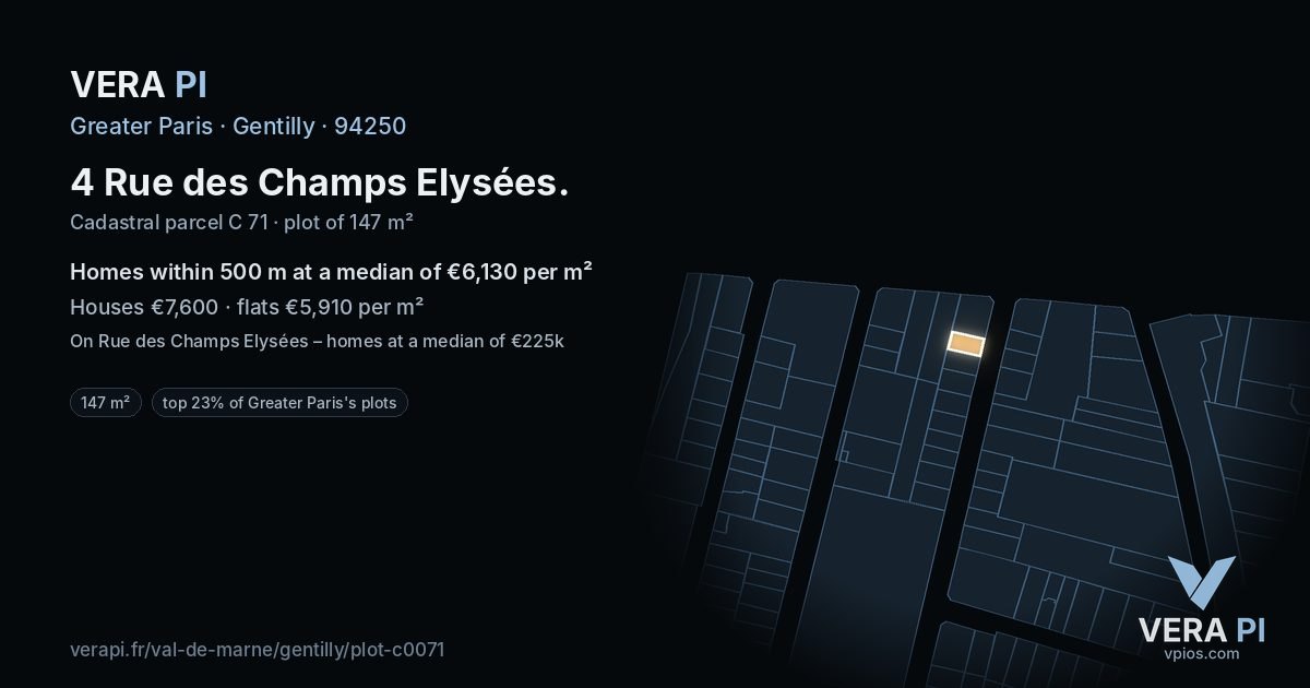 4 Rue des Champs Elysées, Gentilly at night – the plot lit, the parcels around coloured by the prices near them