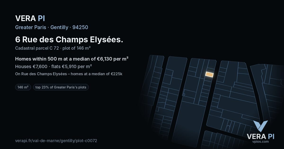 6 Rue des Champs Elysées, Gentilly at night – the plot lit, the parcels around coloured by the prices near them