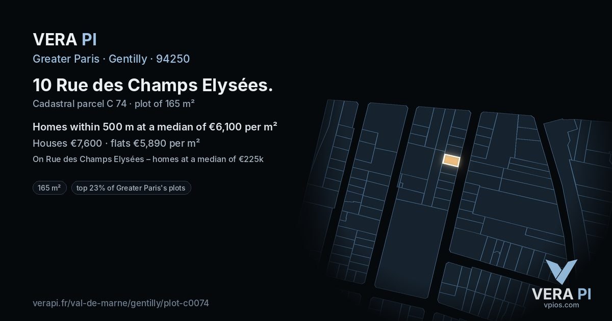 10 Rue des Champs Elysées, Gentilly at night – the plot lit, the parcels around coloured by the prices near them