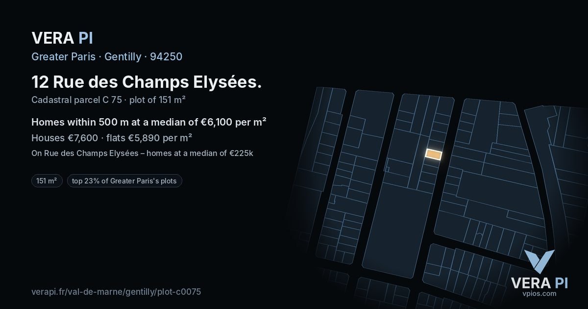 12 Rue des Champs Elysées, Gentilly at night – the plot lit, the parcels around coloured by the prices near them