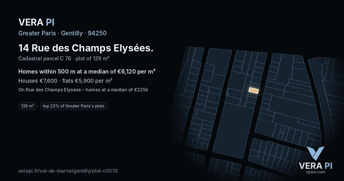 14 Rue des Champs Elysées, Gentilly at night – the plot lit, the parcels around coloured by the prices near them