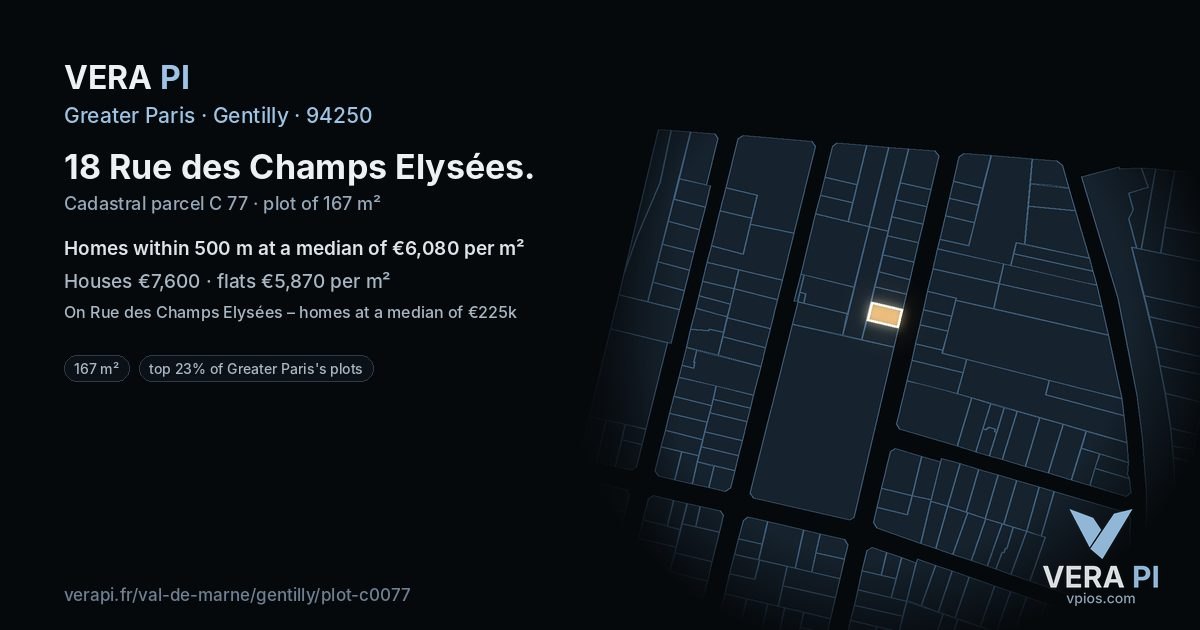 18 Rue des Champs Elysées, Gentilly at night – the plot lit, the parcels around coloured by the prices near them