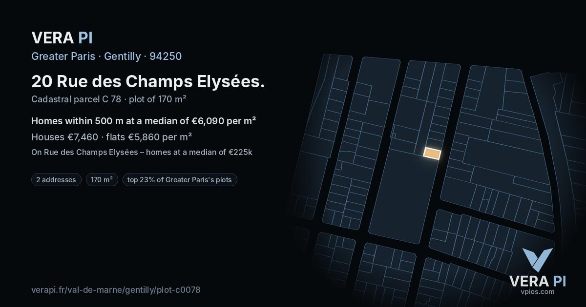 20 Rue des Champs Elysées, Gentilly at night – the plot lit, the parcels around coloured by the prices near them