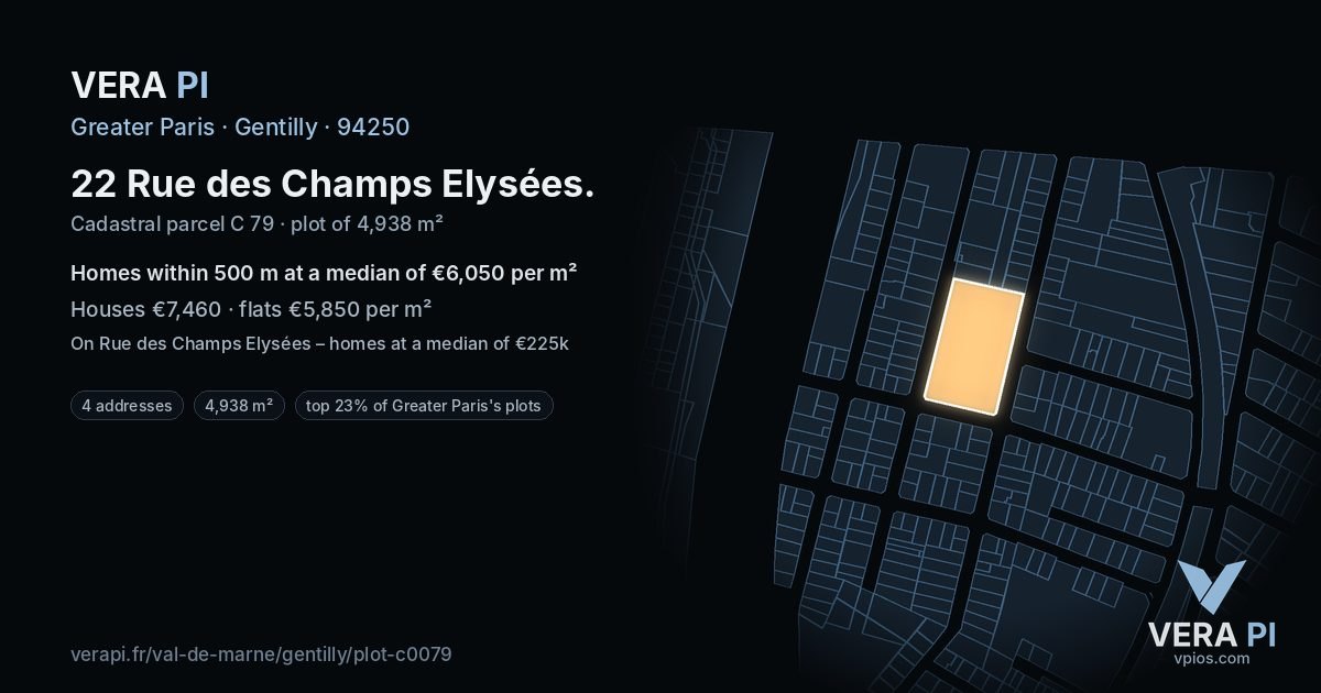 22 Rue des Champs Elysées, Gentilly at night – the plot lit, the parcels around coloured by the prices near them