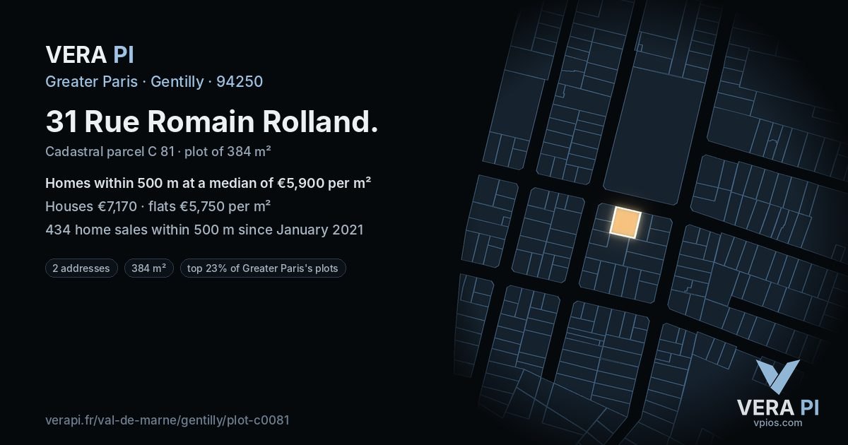 31 Rue Romain Rolland, Gentilly at night – the plot lit, the parcels around coloured by the prices near them