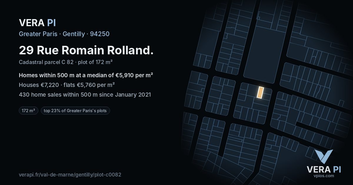 29 Rue Romain Rolland, Gentilly at night – the plot lit, the parcels around coloured by the prices near them
