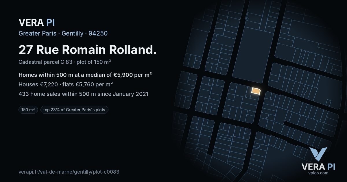 27 Rue Romain Rolland, Gentilly at night – the plot lit, the parcels around coloured by the prices near them