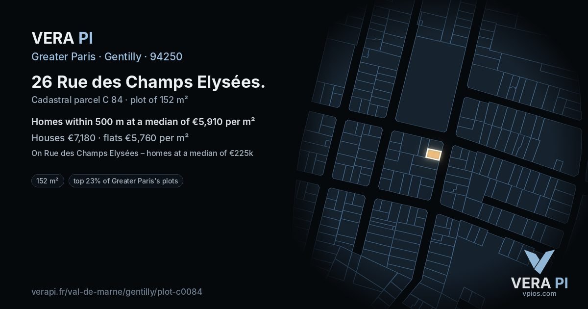 26 Rue des Champs Elysées, Gentilly at night – the plot lit, the parcels around coloured by the prices near them