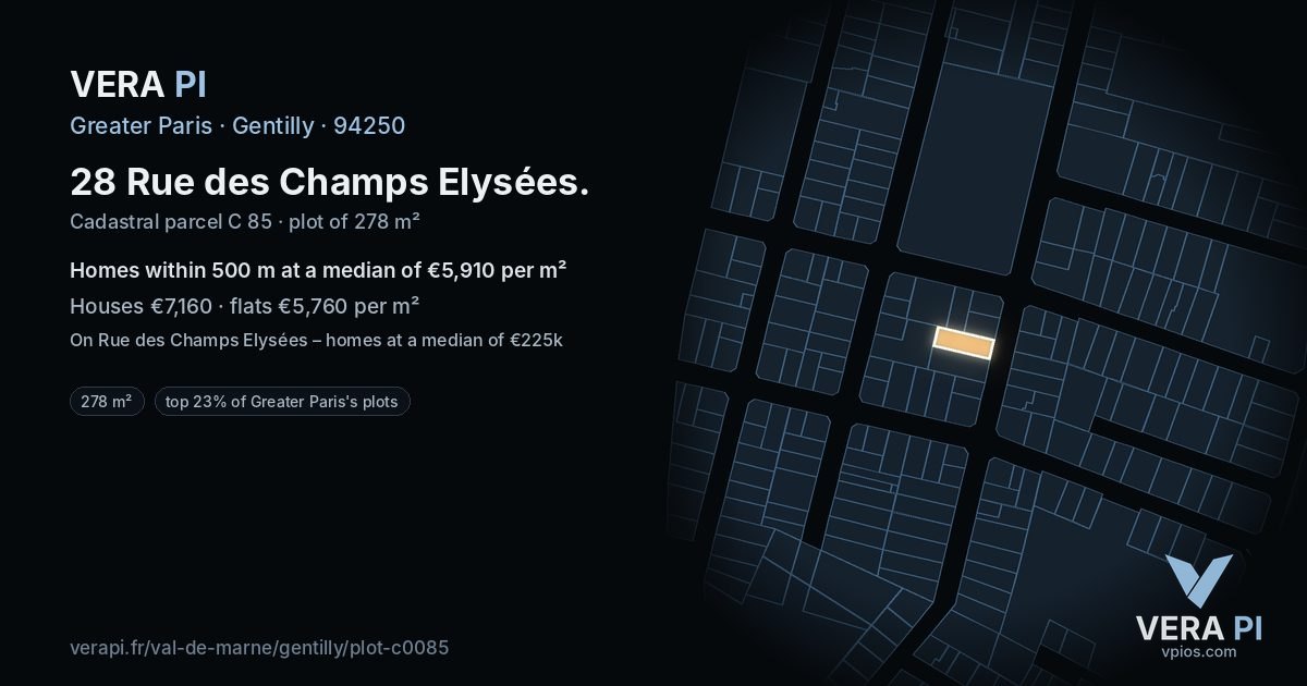 28 Rue des Champs Elysées, Gentilly at night – the plot lit, the parcels around coloured by the prices near them