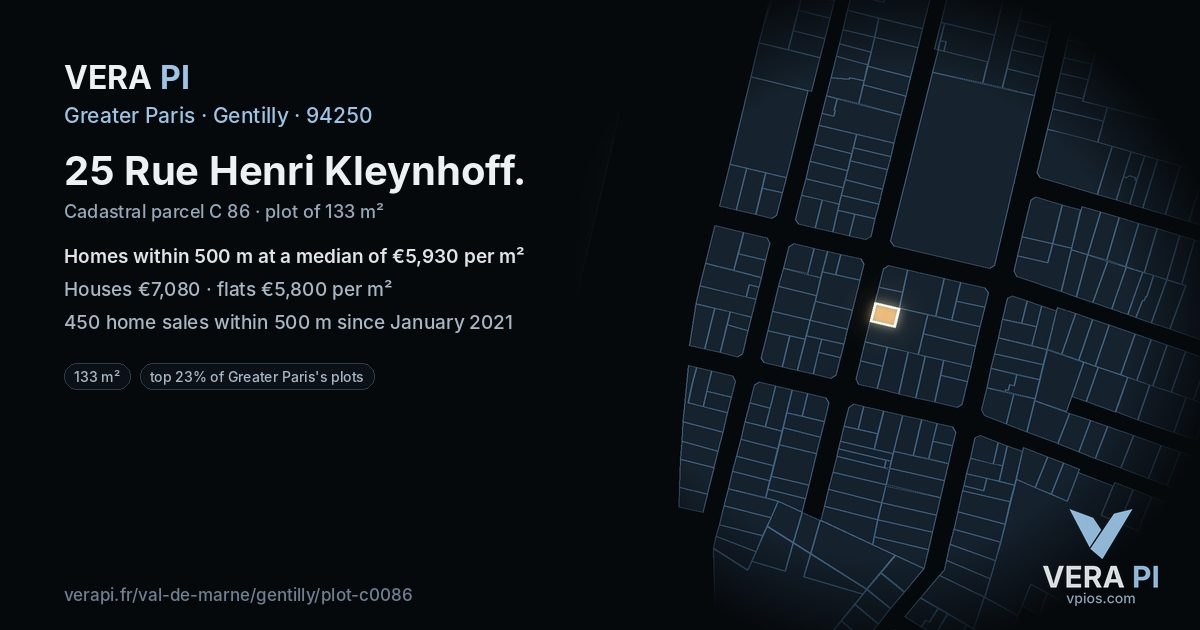 25 Rue Henri Kleynhoff, Gentilly at night – the plot lit, the parcels around coloured by the prices near them