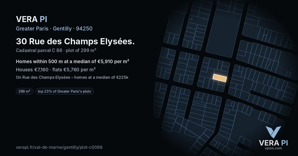 30 Rue des Champs Elysées, Gentilly at night – the plot lit, the parcels around coloured by the prices near them