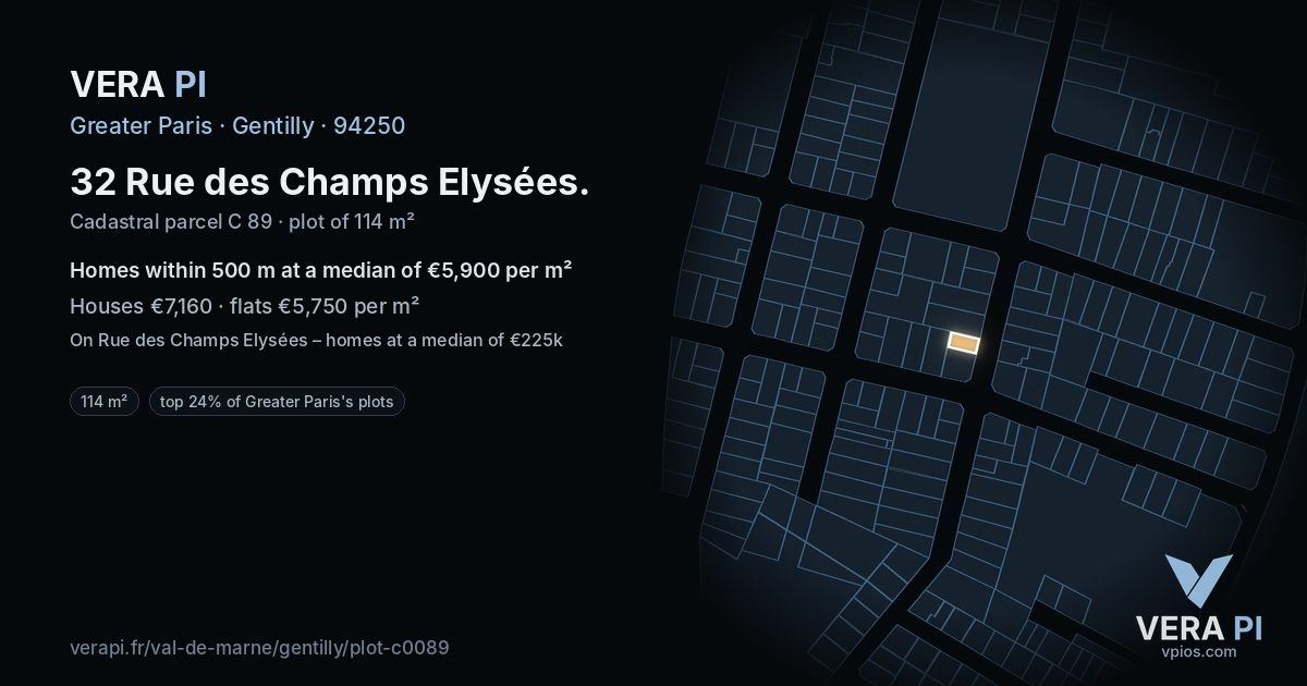 32 Rue des Champs Elysées, Gentilly at night – the plot lit, the parcels around coloured by the prices near them