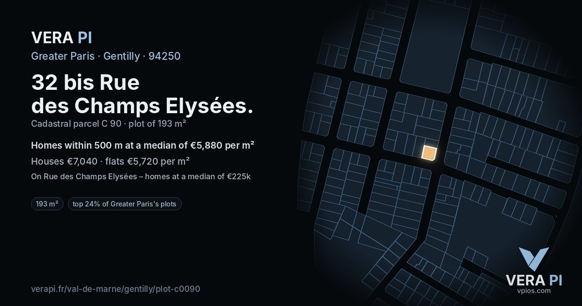 32 bis Rue des Champs Elysées, Gentilly at night – the plot lit, the parcels around coloured by the prices near them